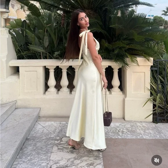 Zara Elegant butter yellow satin maxi longDress evening party wedding  Backless